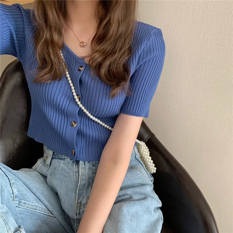 Square Neck Short Sleeve Women Summer Trendy Sweater Niche Single-Breasted High Waist Tops Outerwear