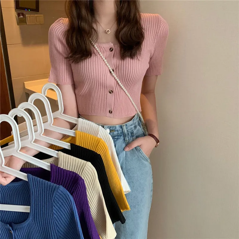 Square Neck Short Sleeve Women Summer Trendy Sweater Niche Single-Breasted High Waist Tops Outerwear