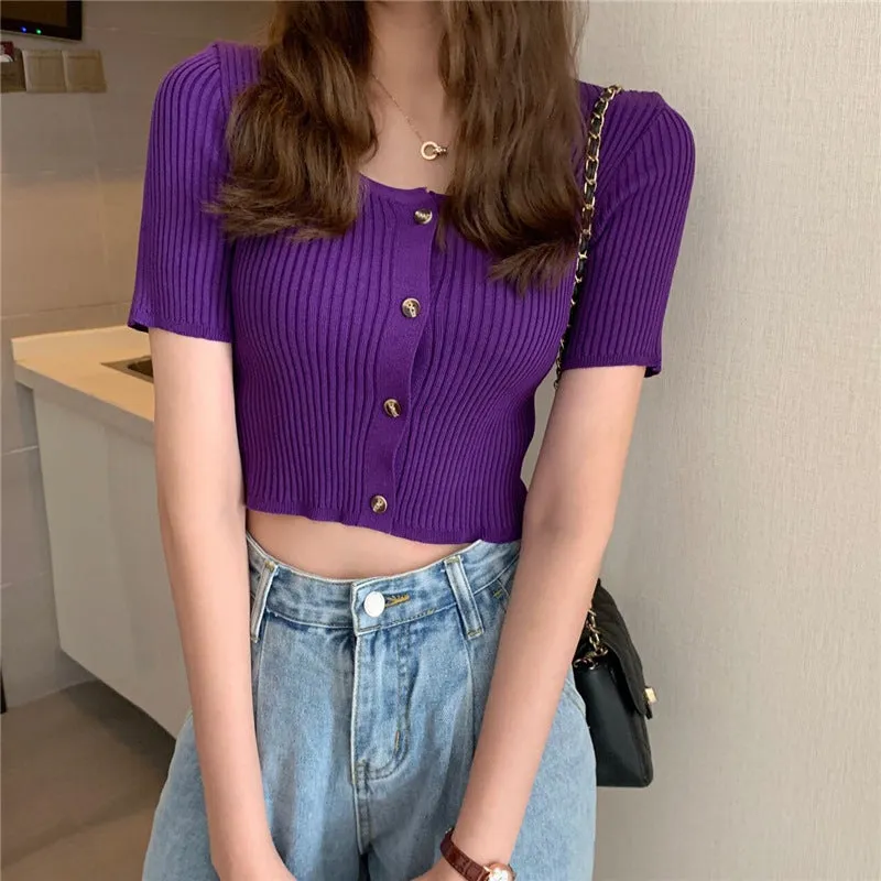 Square Neck Short Sleeve Women Summer Trendy Sweater Niche Single-Breasted High Waist Tops Outerwear