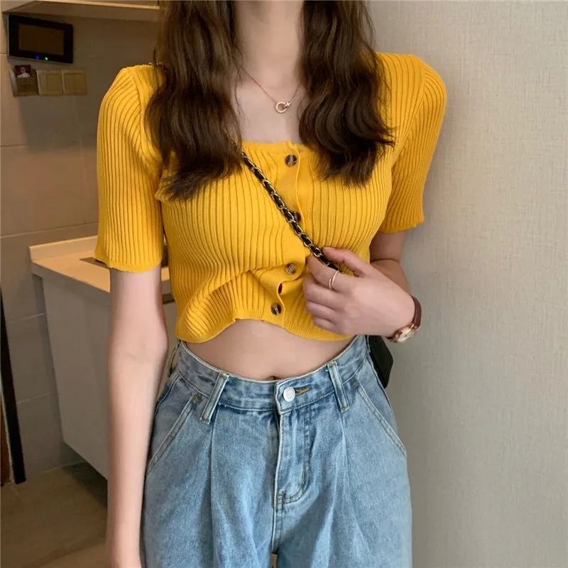 Square Neck Short Sleeve Women Summer Trendy Sweater Niche Single-Breasted High Waist Tops Outerwear