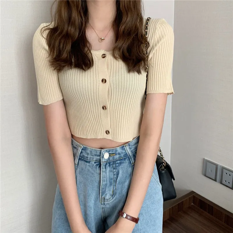 Square Neck Short Sleeve Women Summer Trendy Sweater Niche Single-Breasted High Waist Tops Outerwear