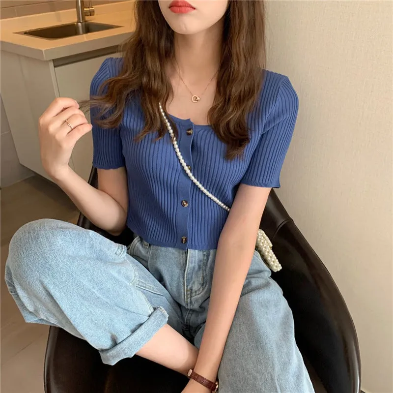 Square Neck Short Sleeve Women Summer Trendy Sweater Niche Single-Breasted High Waist Tops Outerwear