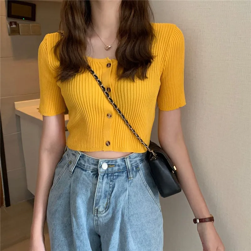 Square Neck Short Sleeve Women Summer Trendy Sweater Niche Single-Breasted High Waist Tops Outerwear