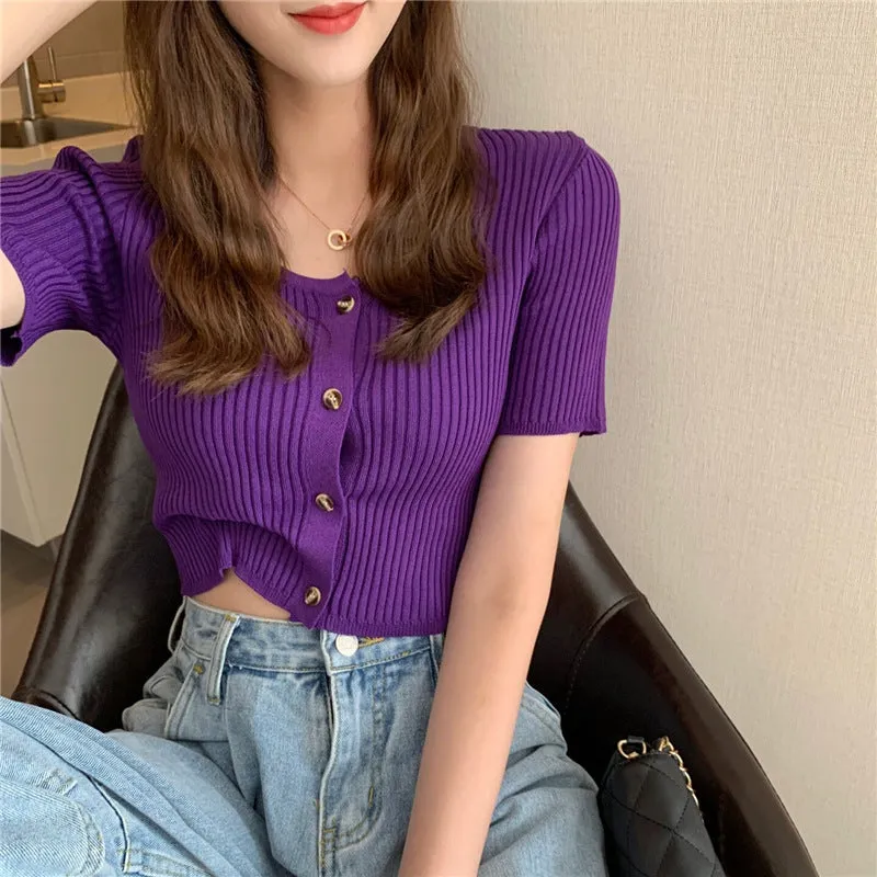 Square Neck Short Sleeve Women Summer Trendy Sweater Niche Single-Breasted High Waist Tops Outerwear