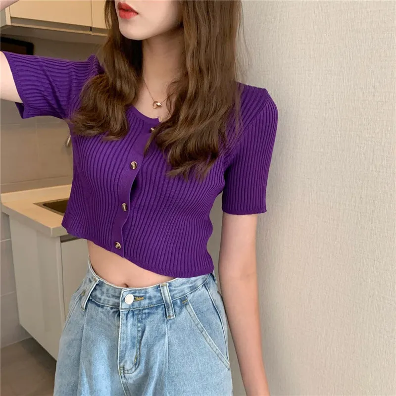 Square Neck Short Sleeve Women Summer Trendy Sweater Niche Single-Breasted High Waist Tops Outerwear