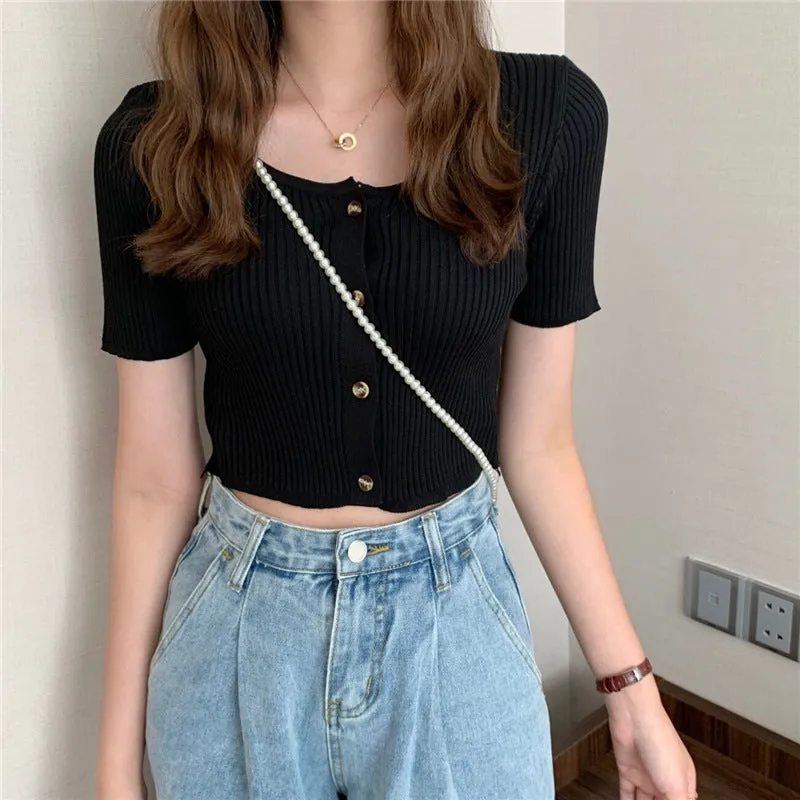 Square Neck Short Sleeve Women Summer Trendy Sweater Niche Single-Breasted High Waist Tops Outerwear