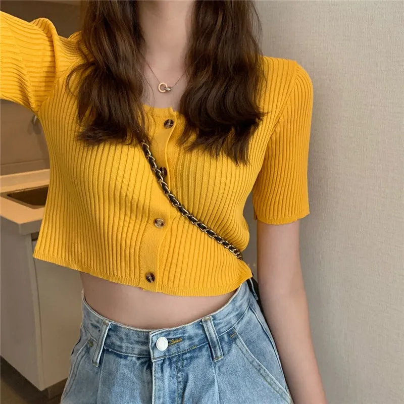 Square Neck Short Sleeve Women Summer Trendy Sweater Niche Single-Breasted High Waist Tops Outerwear