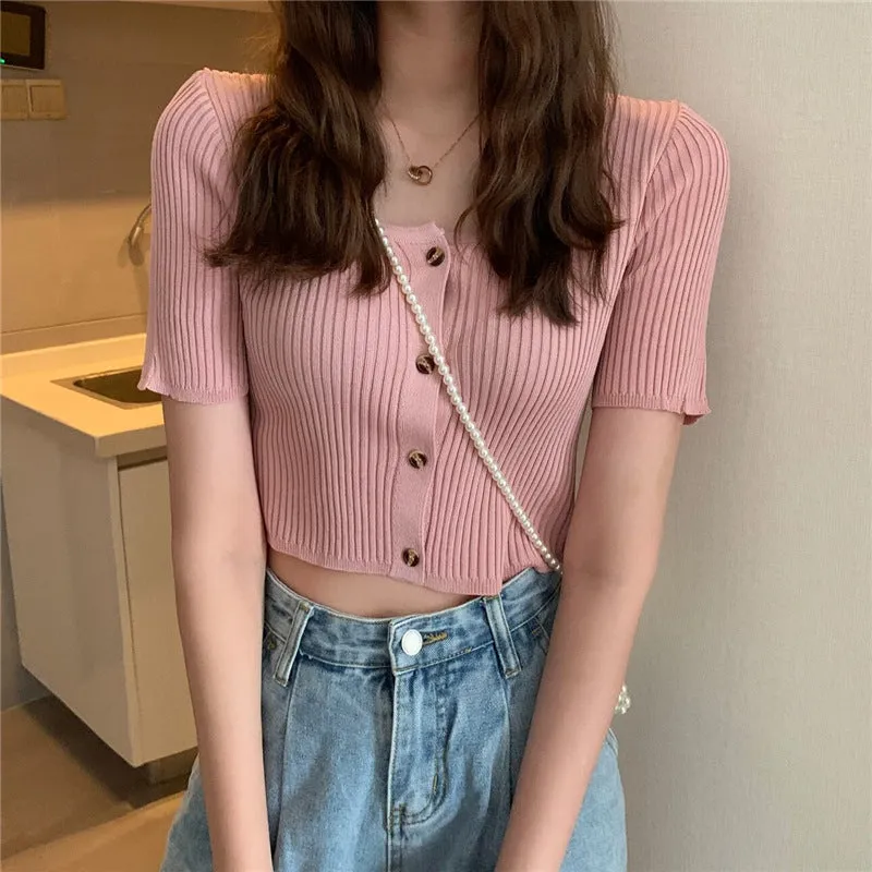 Square Neck Short Sleeve Women Summer Trendy Sweater Niche Single-Breasted High Waist Tops Outerwear