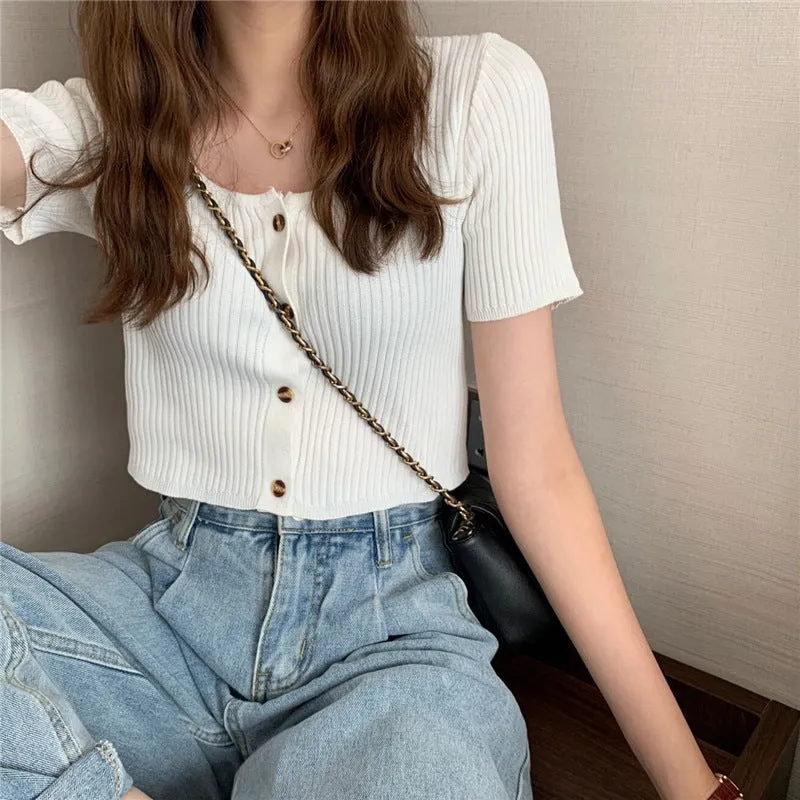 Square Neck Short Sleeve Women Summer Trendy Sweater Niche Single-Breasted High Waist Tops Outerwear