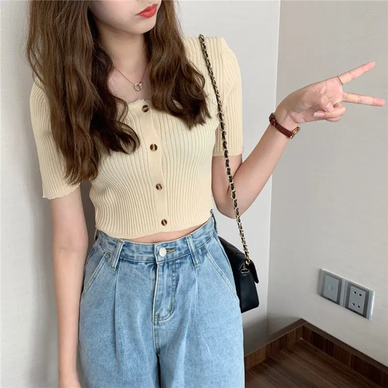 Square Neck Short Sleeve Women Summer Trendy Sweater Niche Single-Breasted High Waist Tops Outerwear