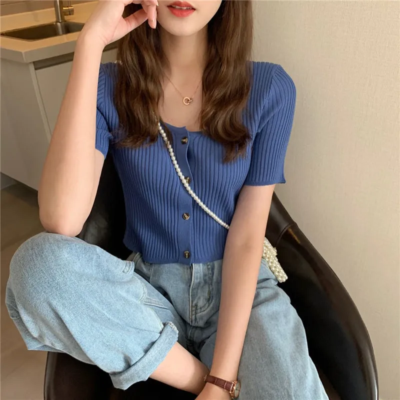 Square Neck Short Sleeve Women Summer Trendy Sweater Niche Single-Breasted High Waist Tops Outerwear