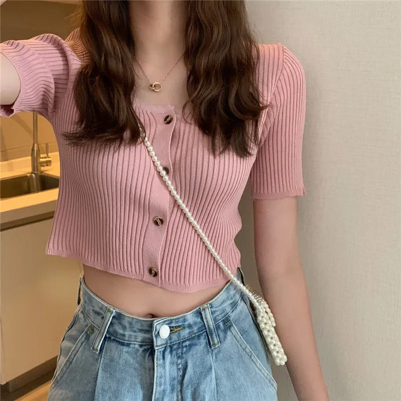 Square Neck Short Sleeve Women Summer Trendy Sweater Niche Single-Breasted High Waist Tops Outerwear