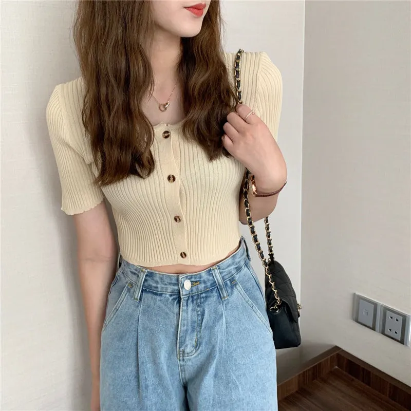 Square Neck Short Sleeve Women Summer Trendy Sweater Niche Single-Breasted High Waist Tops Outerwear