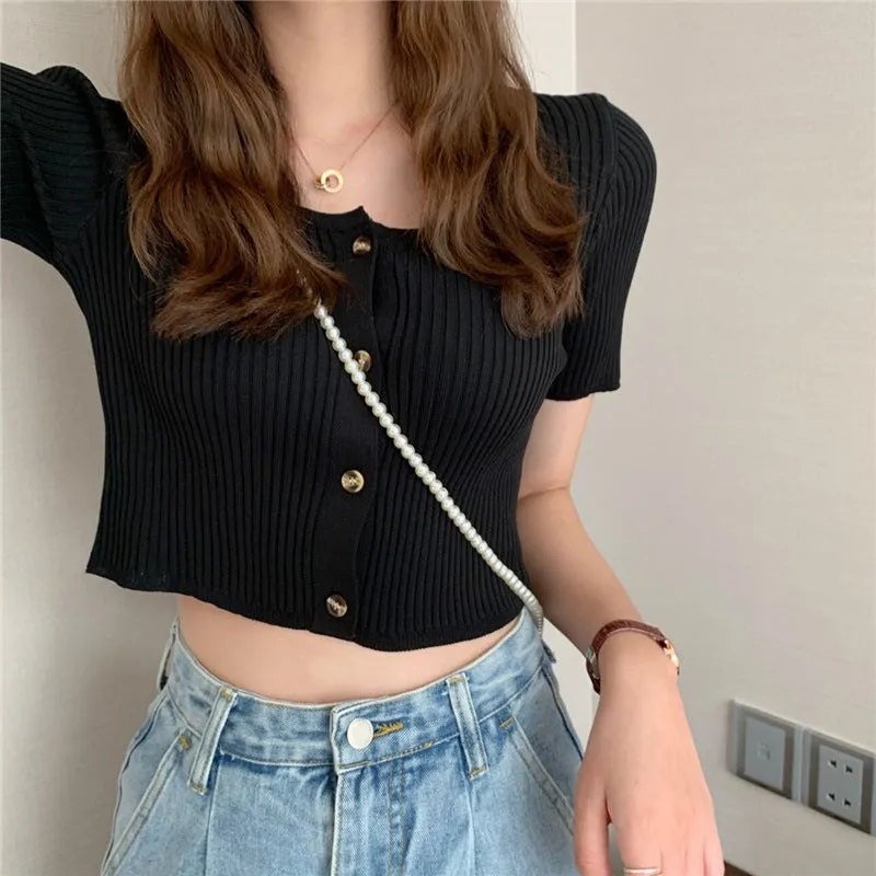 Square Neck Short Sleeve Women Summer Trendy Sweater Niche Single-Breasted High Waist Tops Outerwear