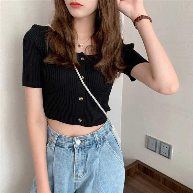 Square Neck Short Sleeve Women Summer Trendy Sweater Niche Single-Breasted High Waist Tops Outerwear