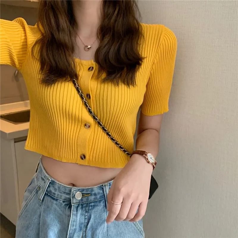 Square Neck Short Sleeve Women Summer Trendy Sweater Niche Single-Breasted High Waist Tops Outerwear