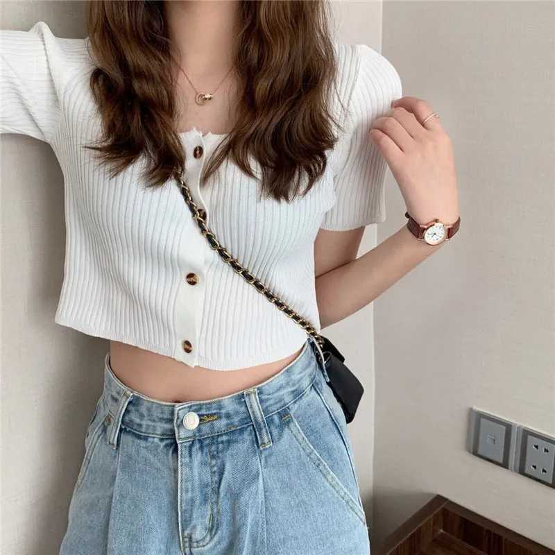 Square Neck Short Sleeve Women Summer Trendy Sweater Niche Single-Breasted High Waist Tops Outerwear