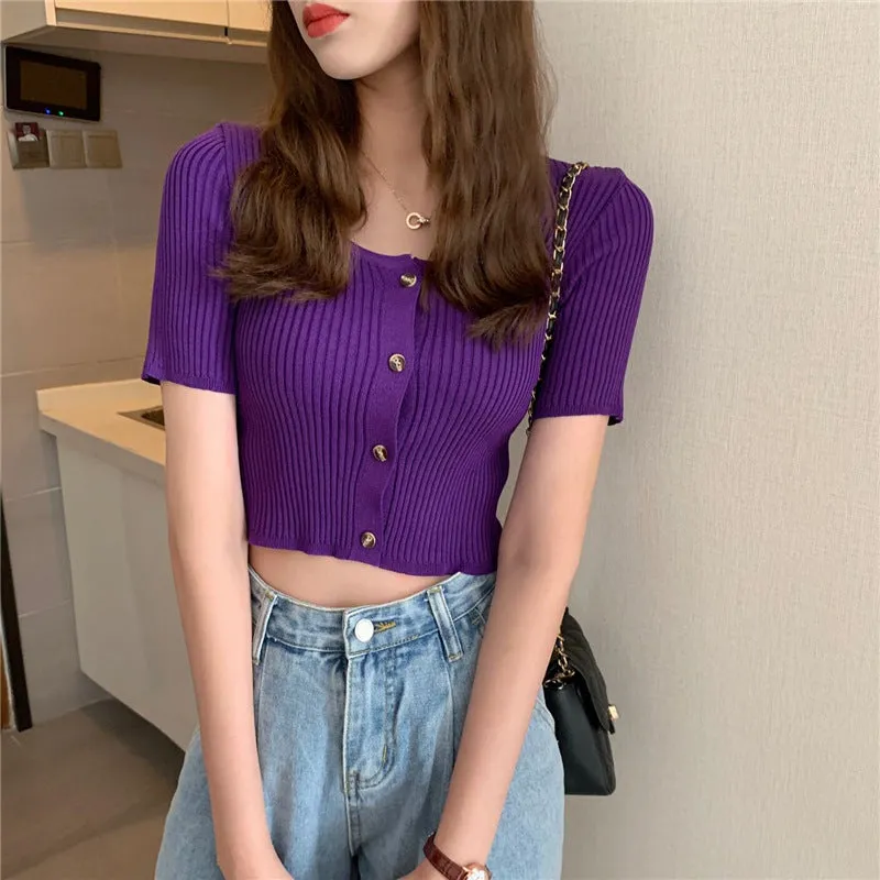 Square Neck Short Sleeve Women Summer Trendy Sweater Niche Single-Breasted High Waist Tops Outerwear