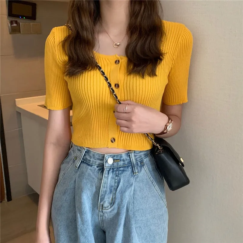 Square Neck Short Sleeve Women Summer Trendy Sweater Niche Single-Breasted High Waist Tops Outerwear