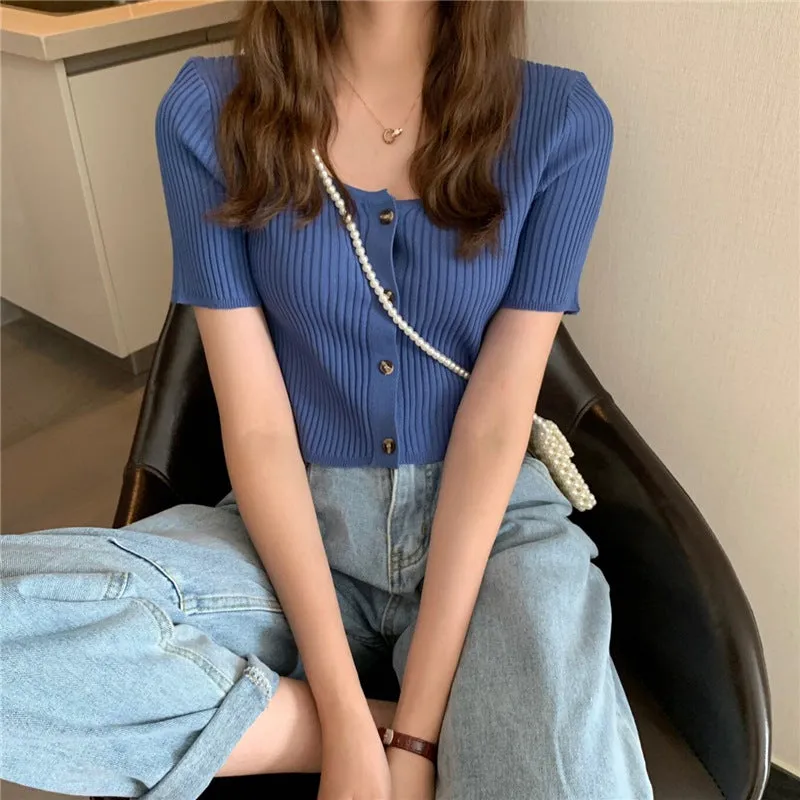 Square Neck Short Sleeve Women Summer Trendy Sweater Niche Single-Breasted High Waist Tops Outerwear