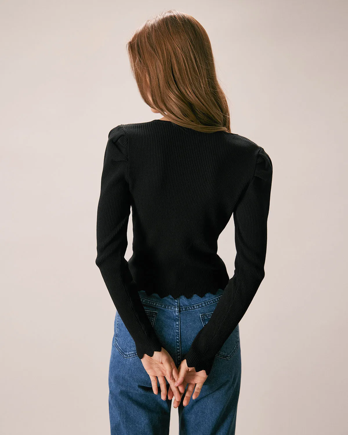 The Black V Neck Pearl Button Knit Top