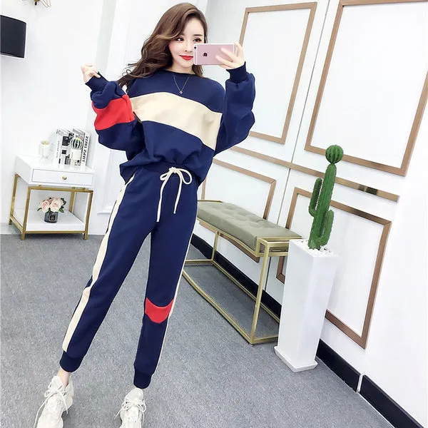 Thin Women Student Casual Korean Trendy Loose Sweatshirt Slim-Fit Pants Two-Piece Sets