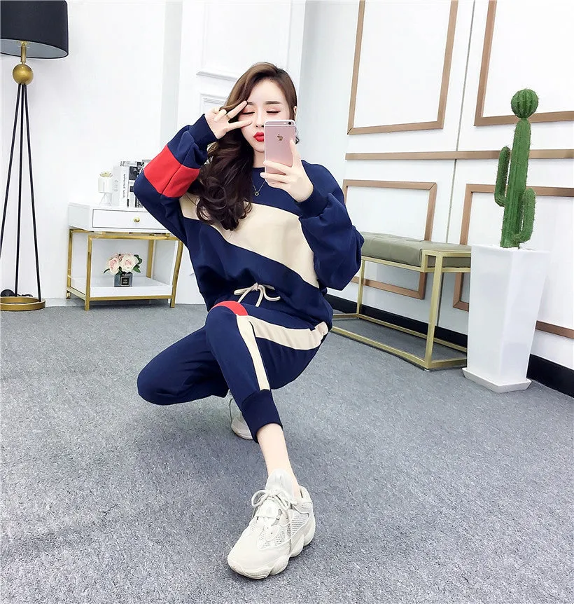 Thin Women Student Casual Korean Trendy Loose Sweatshirt Slim-Fit Pants Two-Piece Sets