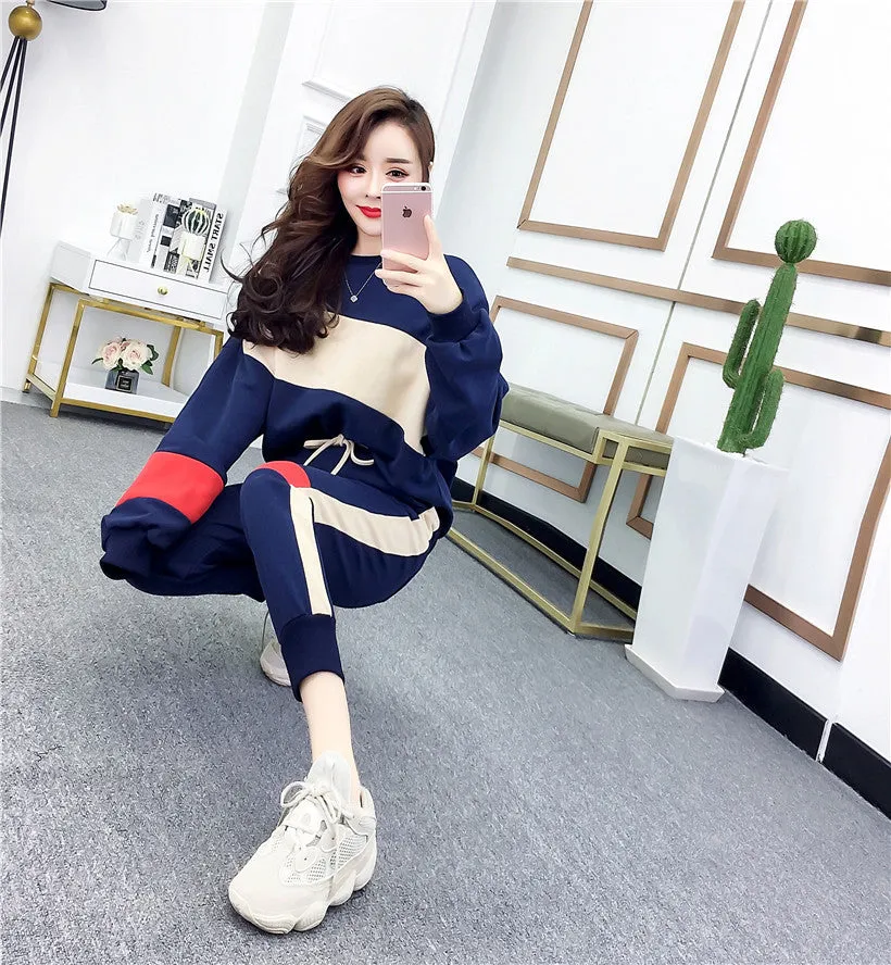 Thin Women Student Casual Korean Trendy Loose Sweatshirt Slim-Fit Pants Two-Piece Sets