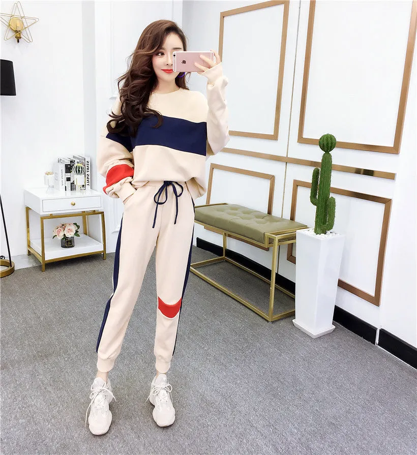 Thin Women Student Casual Korean Trendy Loose Sweatshirt Slim-Fit Pants Two-Piece Sets