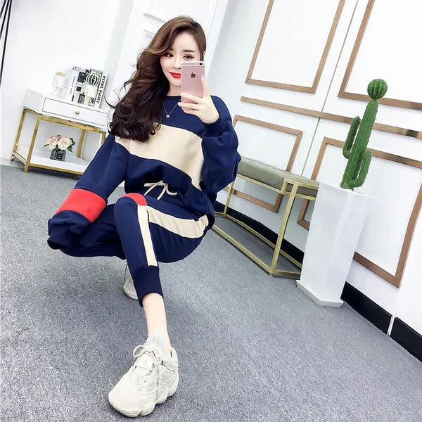 Thin Women Student Casual Korean Trendy Loose Sweatshirt Slim-Fit Pants Two-Piece Sets