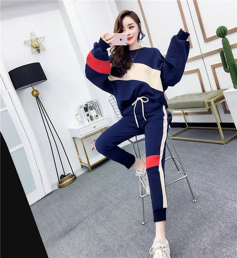 Thin Women Student Casual Korean Trendy Loose Sweatshirt Slim-Fit Pants Two-Piece Sets