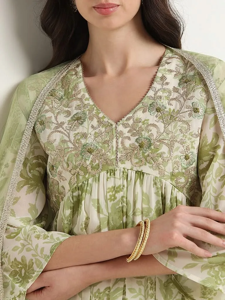 Vark Green Floral Printed Kurta, Palazzos and Dupatta Set