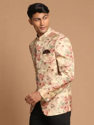 VASTRAMAY Beige Floral Print Baap Beta Jodhpuri Set