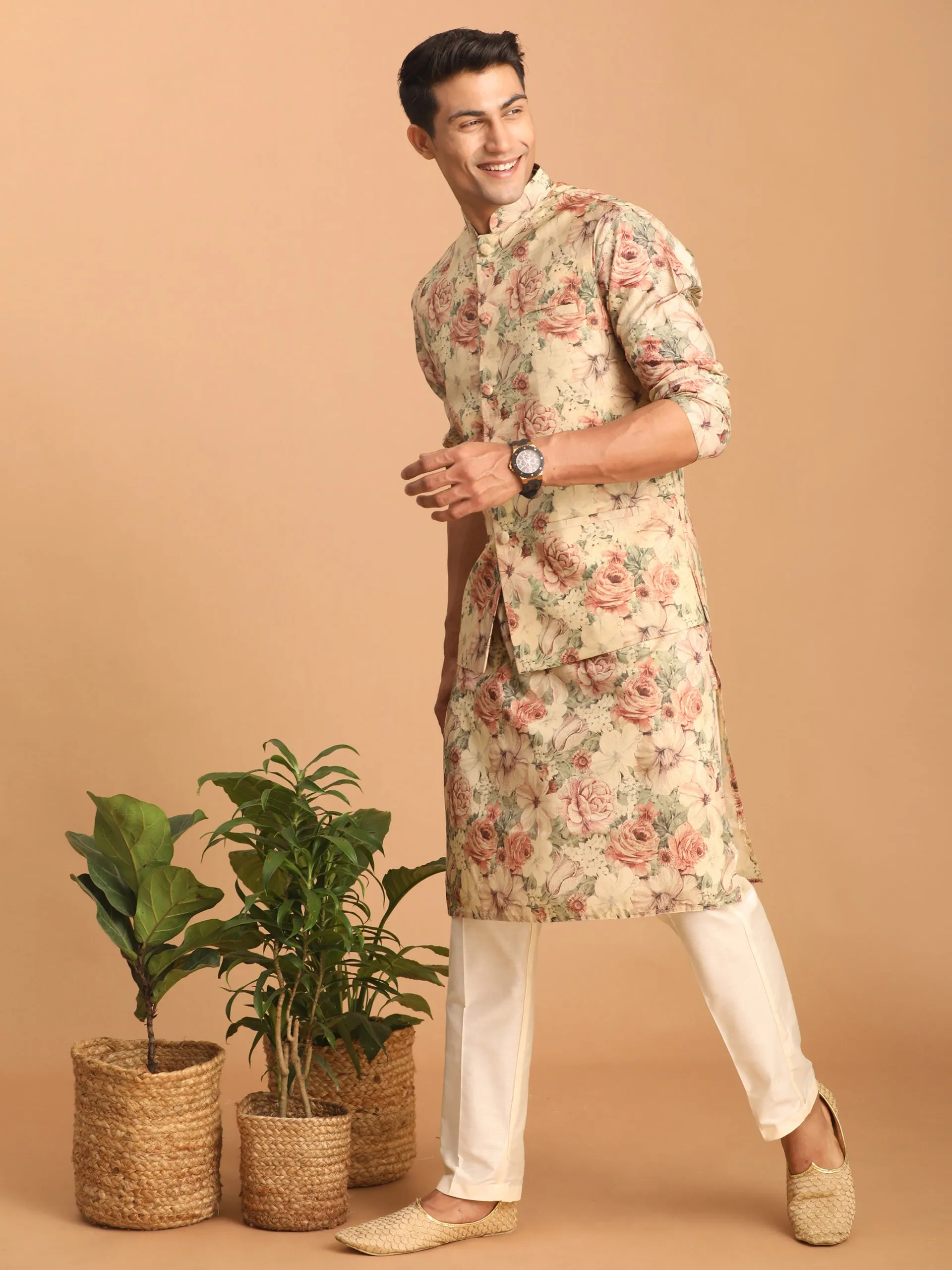 VASTRAMAY Beige Nehru Jacket and Kurta Set