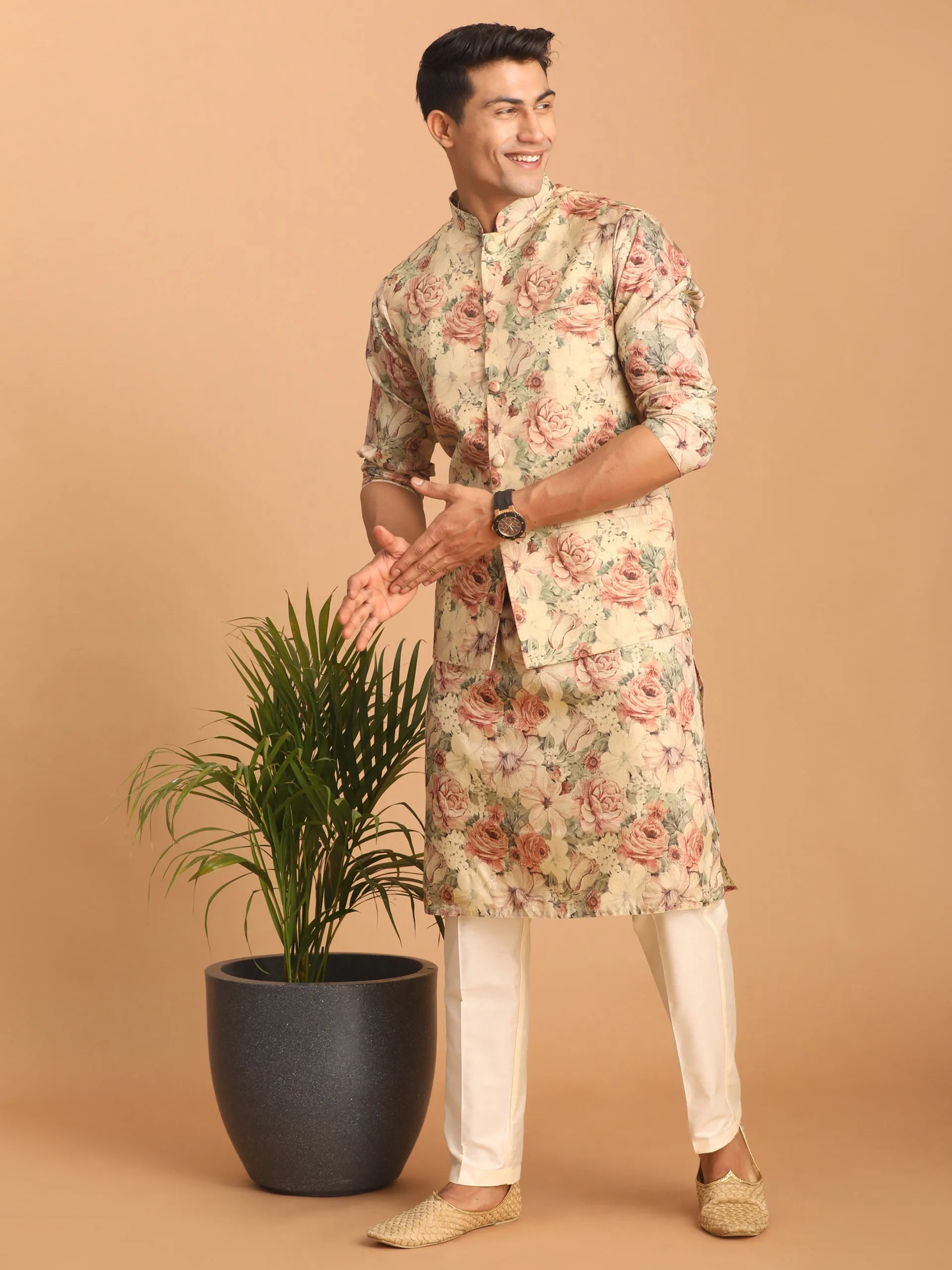 VASTRAMAY Beige Nehru Jacket and Kurta Set