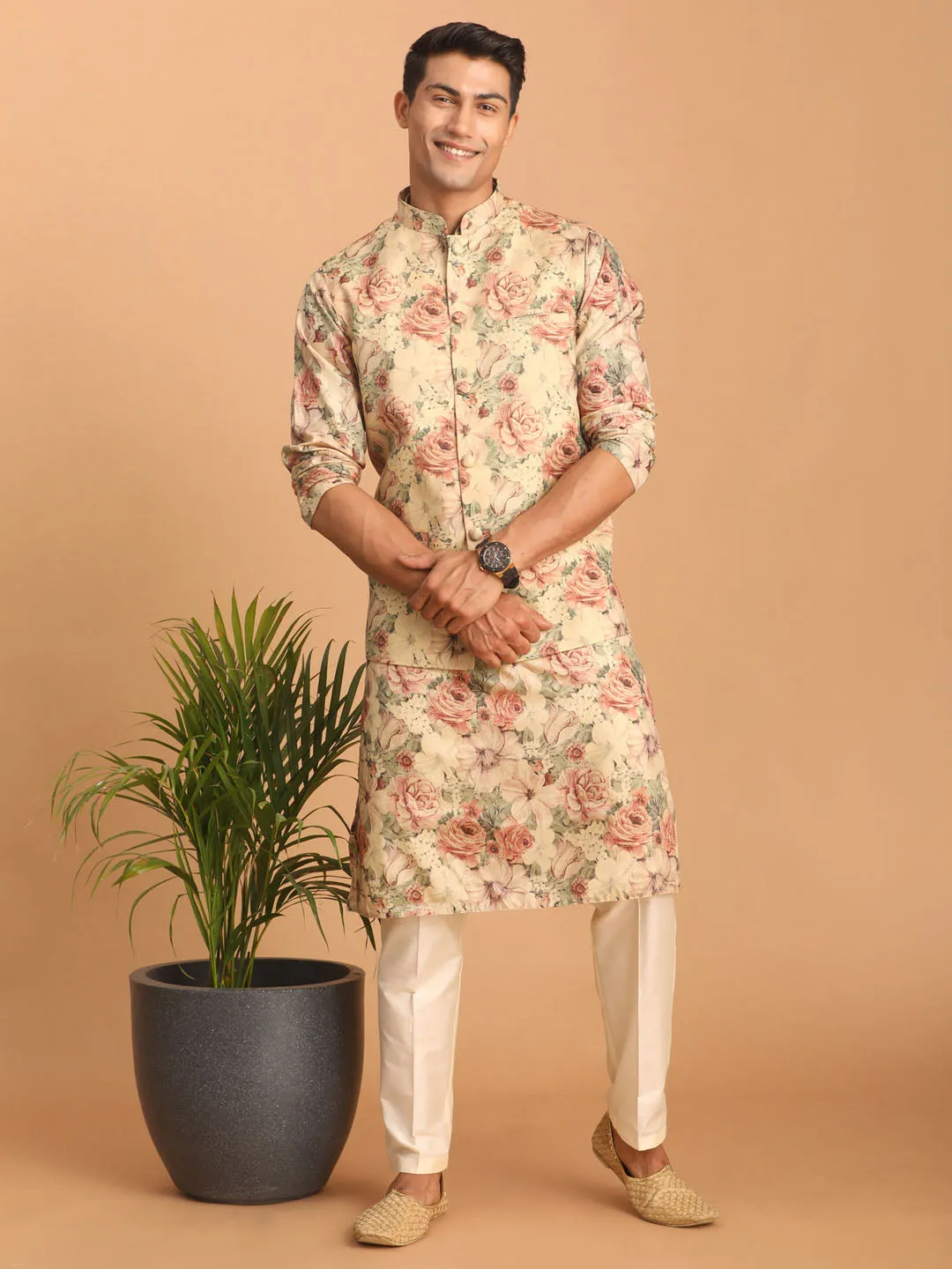 VASTRAMAY Beige Nehru Jacket and Kurta Set