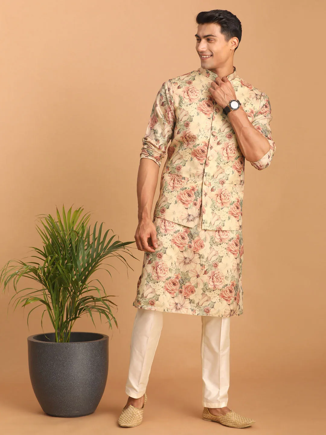 VASTRAMAY Beige Nehru Jacket and Kurta Set