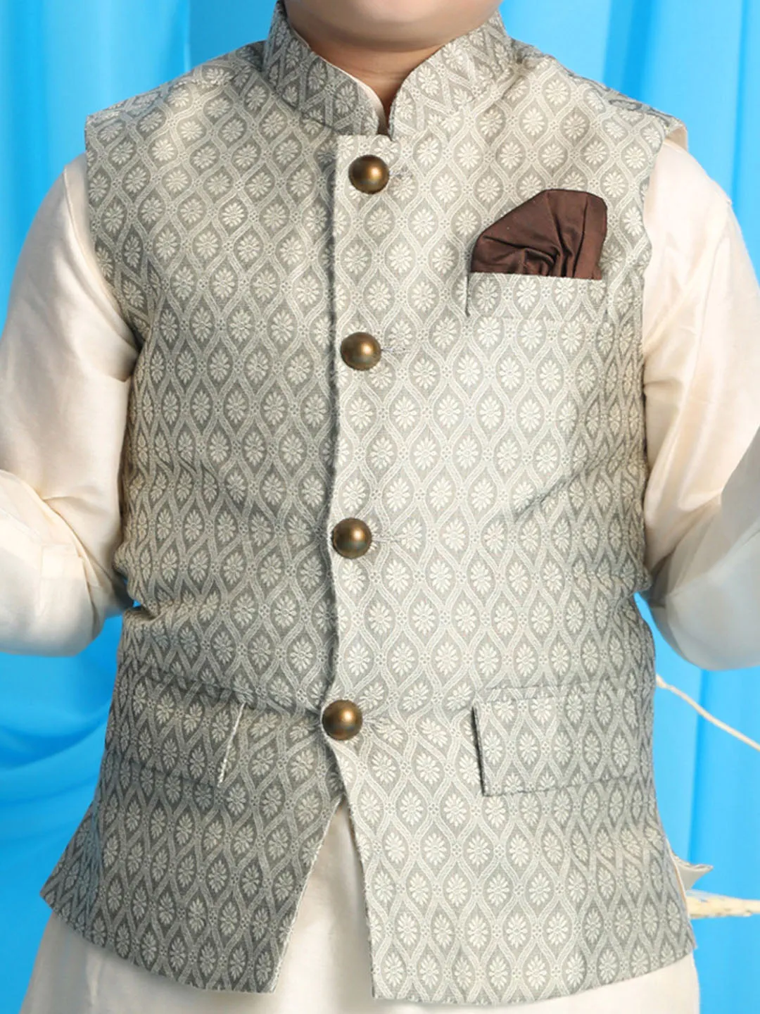 VASTRAMAY Beige Woven Jacket With Cream Kurta and Pyjama Baap Beta Set