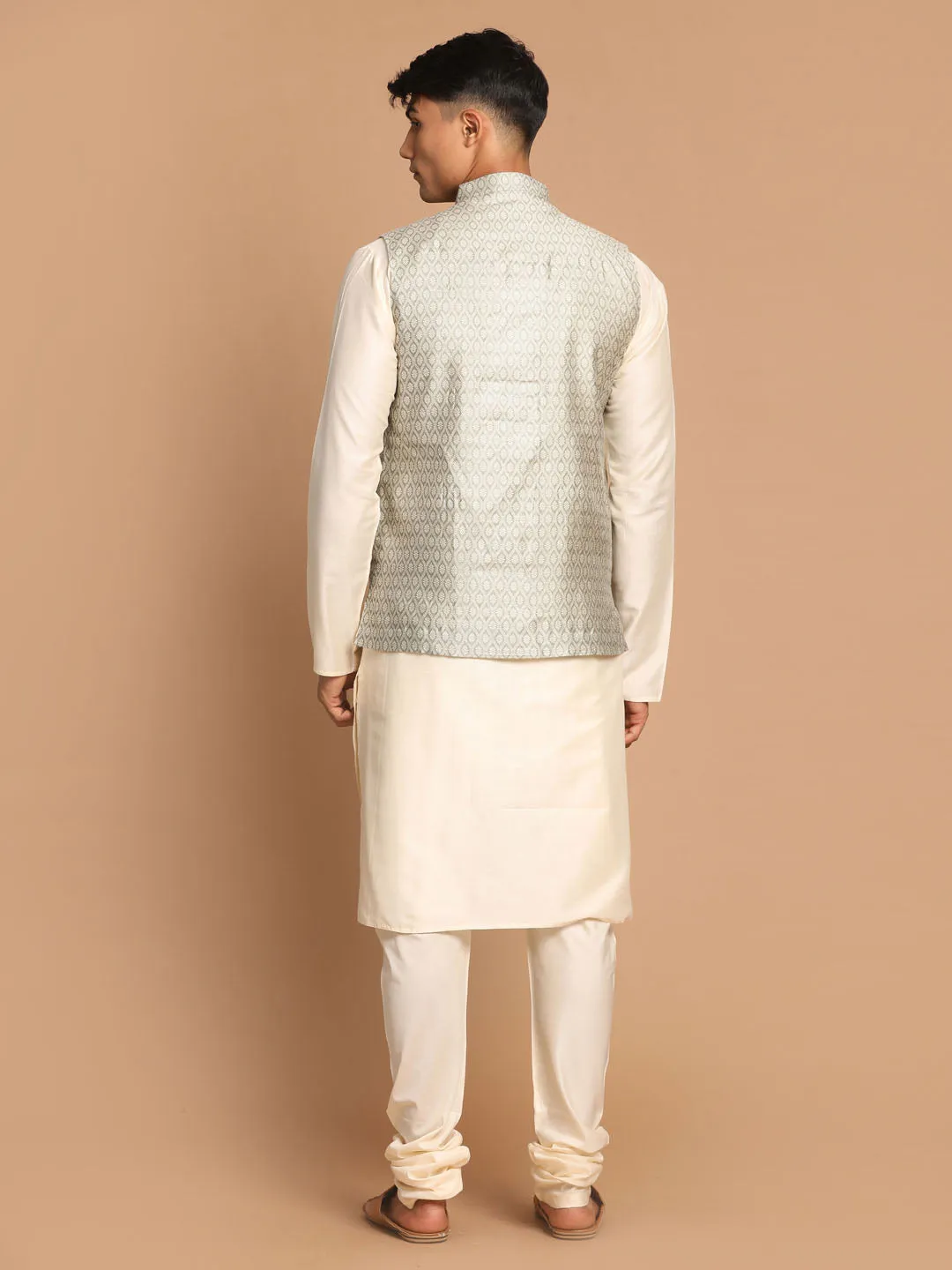 VASTRAMAY Beige Woven Jacket With Cream Kurta and Pyjama Baap Beta Set