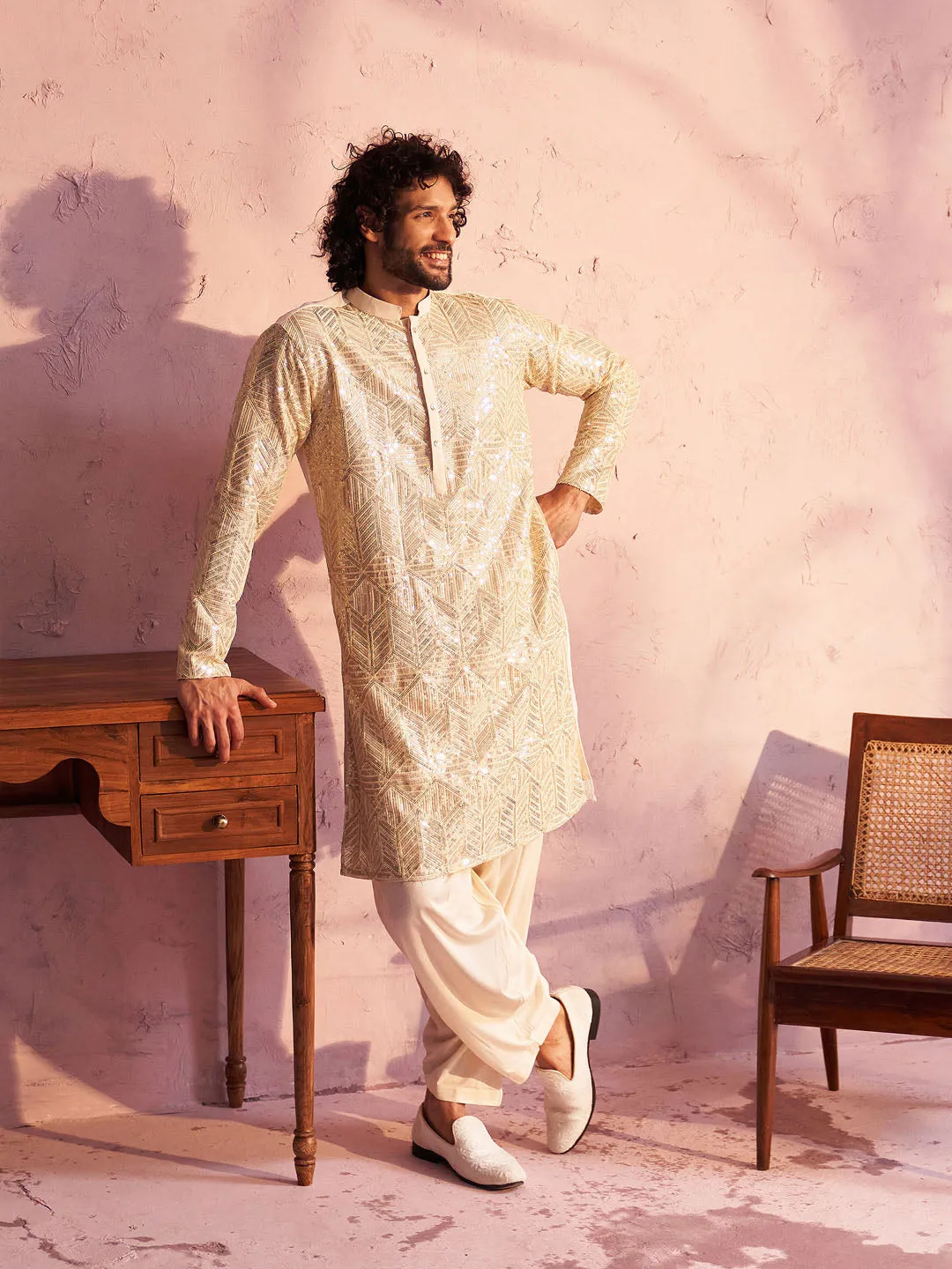 VASTRAMAY Cream Georgette Embellished Men's Kurta