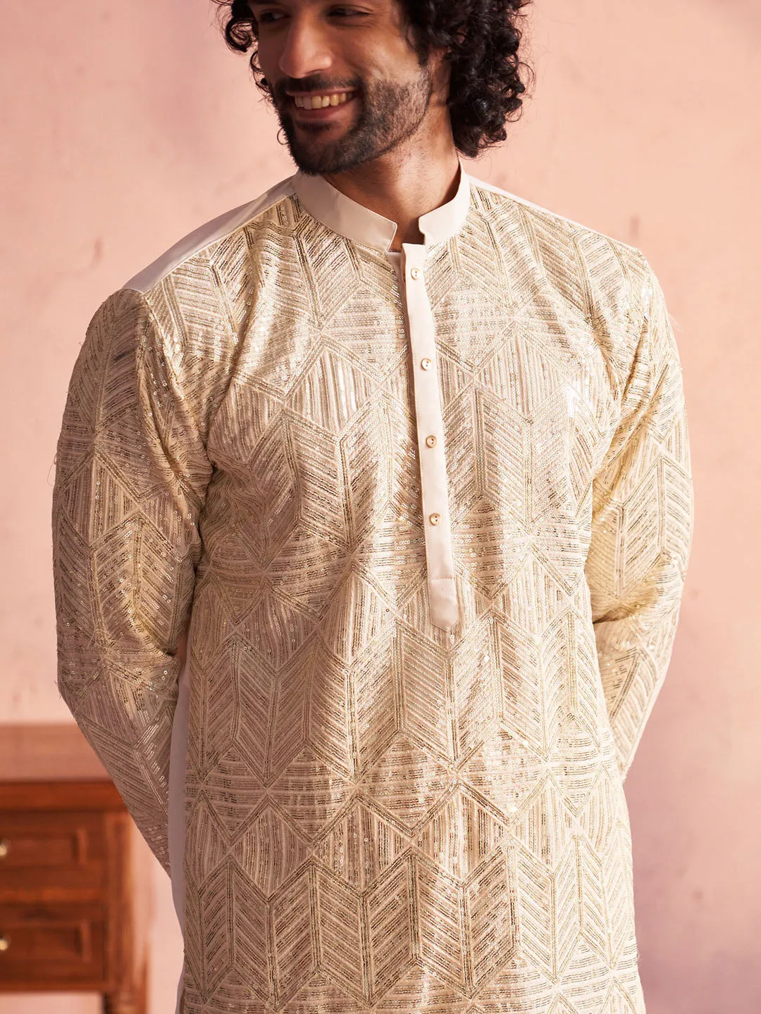 VASTRAMAY Cream Georgette Embellished Men's Kurta