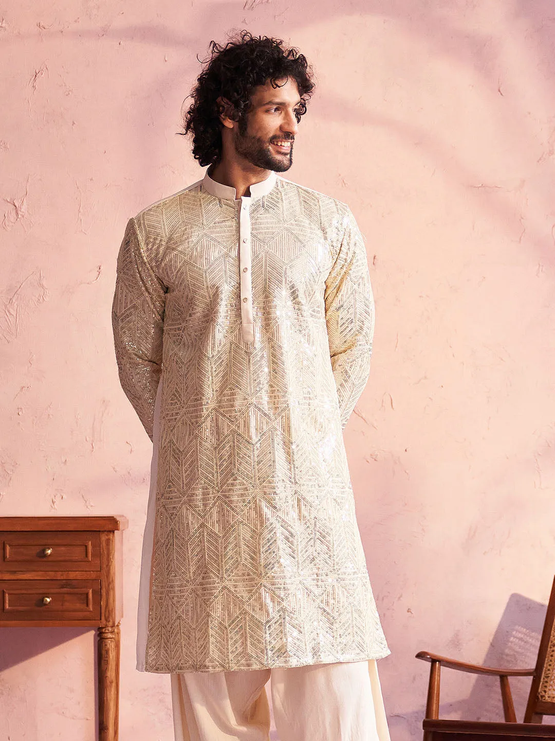 VASTRAMAY Cream Georgette Embellished Men's Kurta