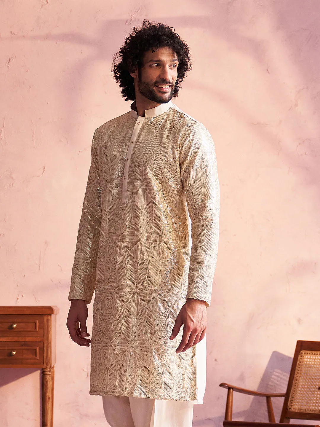 VASTRAMAY Cream Georgette Embellished Men's Kurta