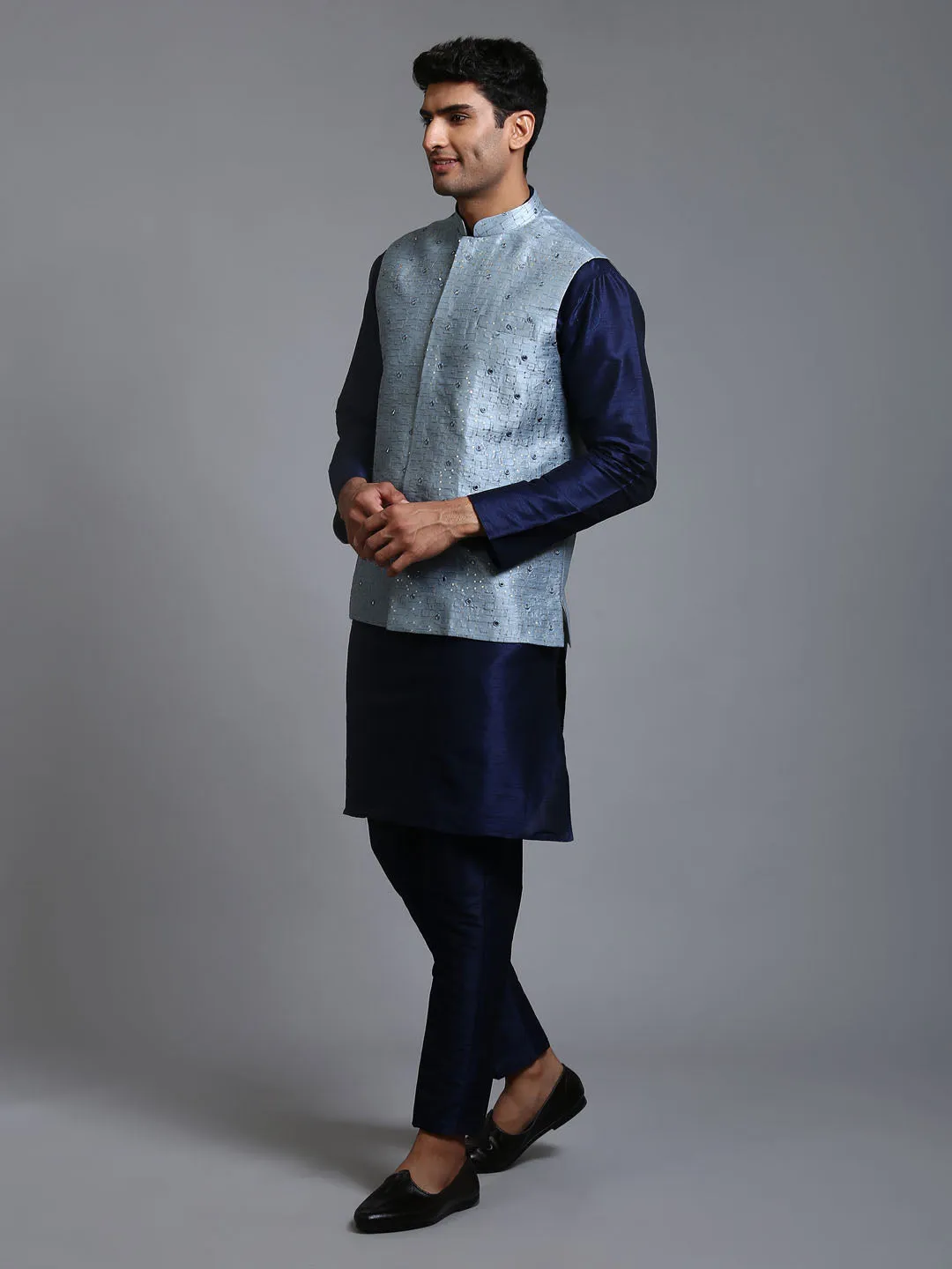 VASTRAMAY Grey Embellished Jacket with Blue Kurta