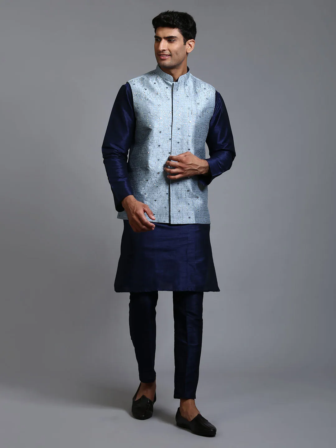 VASTRAMAY Grey Embellished Jacket with Blue Kurta