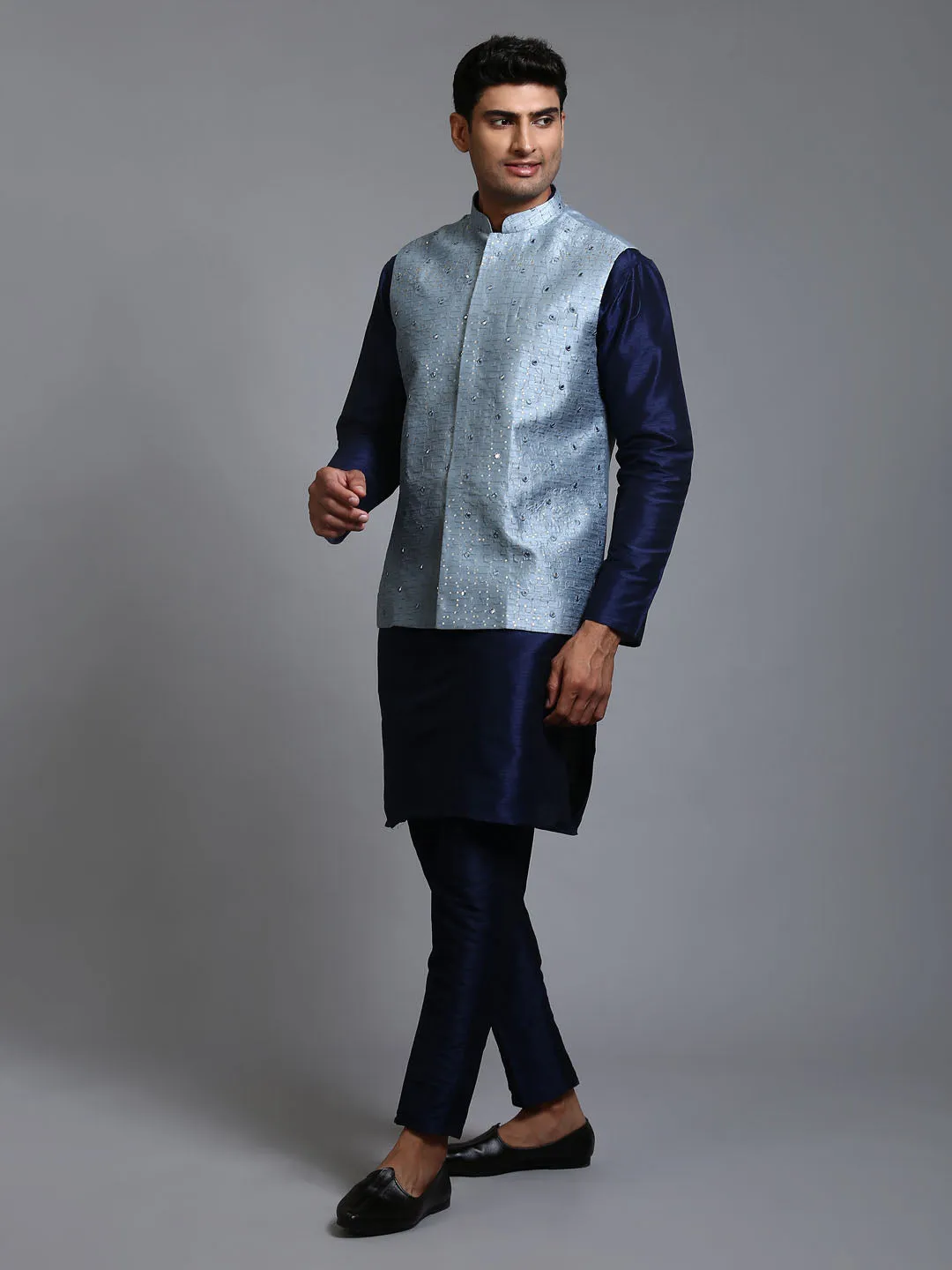 VASTRAMAY Grey Embellished Jacket with Blue Kurta