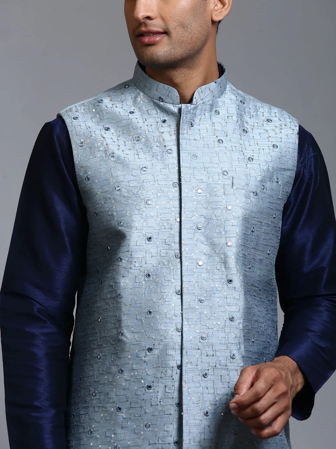 VASTRAMAY Grey Embellished Jacket with Blue Kurta