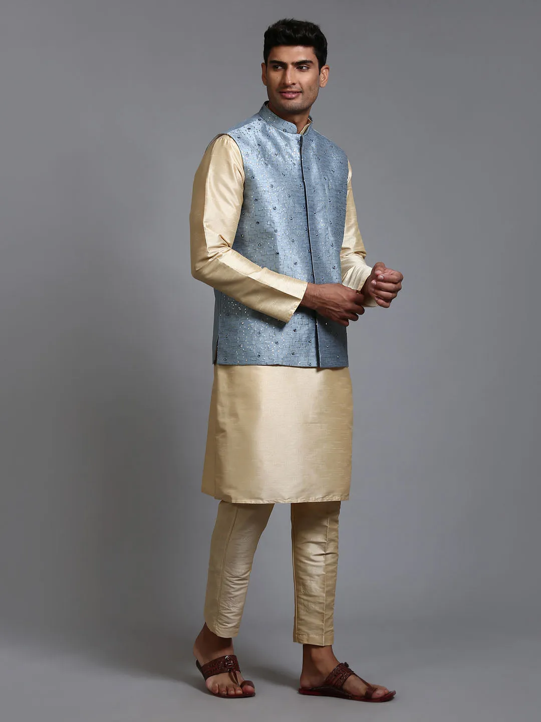 VASTRAMAY Grey Embellished Jacket with Gold Kurta