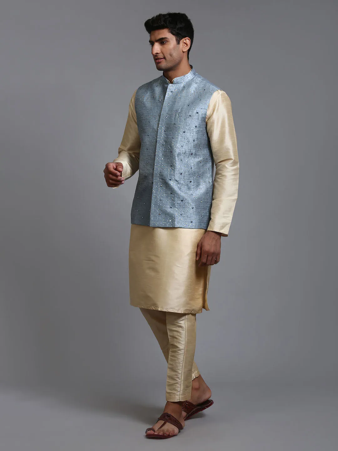 VASTRAMAY Grey Embellished Jacket with Gold Kurta