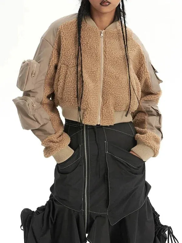 Wenkouban-Winter outfits Christmas Black Friday Khaki Short Fuzzy Zipper Sleeve Pocket Jacket